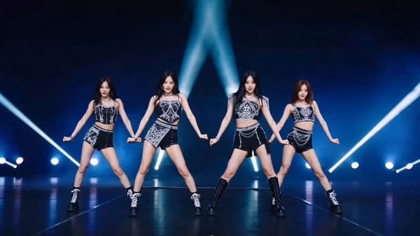 Create a video of a K-pop girl group idol (4 girls) performing a dance that follows the exact s…