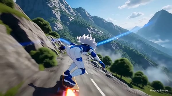 Fast continuous cinematic FPV drone chase video following a white-haired 3D anime-style girl pe…
