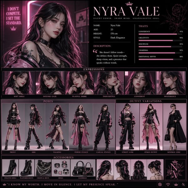 Create a high-resolution vertical character concept poster with a luxury pink and white aesthet…