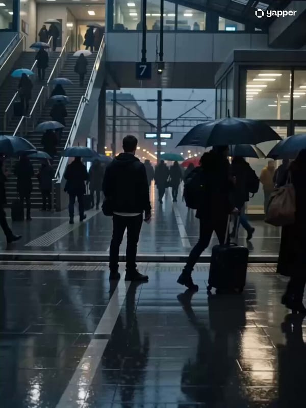 Hyper-realistic cinematic shot of a crowded train station during heavy rainfall at night. Water…