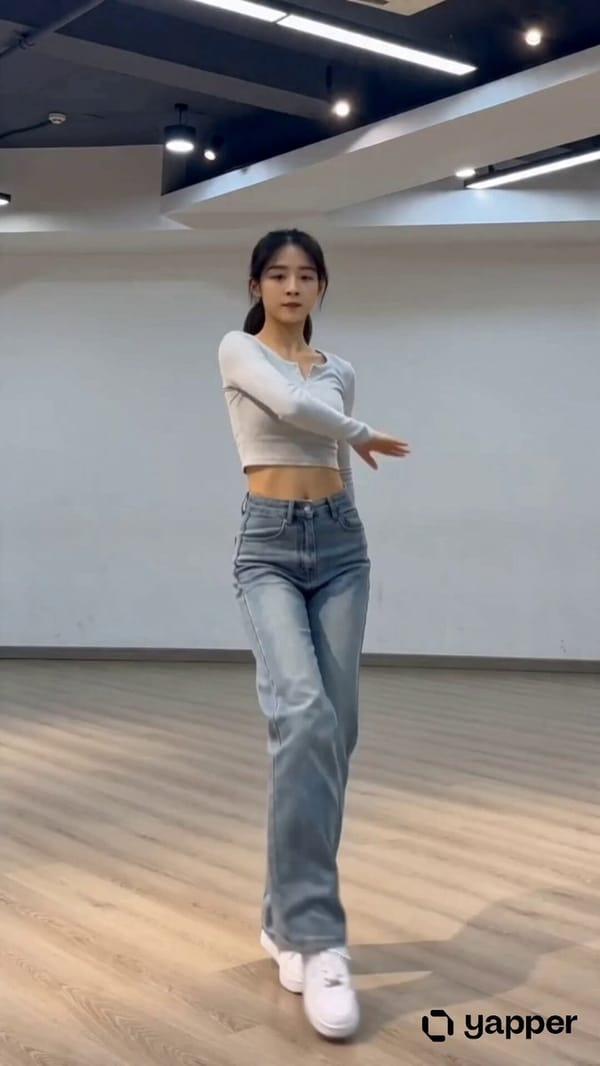 A full-body, continuous dance performance in a bright, minimal rehearsal studio (wooden floor,…