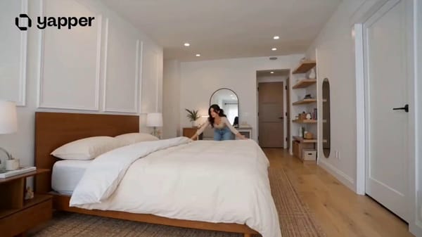 A single continuous cinematic video of a young woman performing a sequence of household chores…