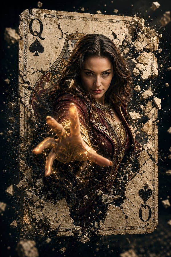 A hyper-realistic cinematic movie poster of a powerful female sorcerer with the same facial structu… prompt example