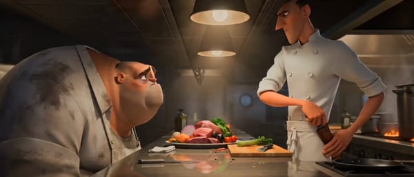 Stylized 3D animation with exaggerated proportions, sharp culinary-inspired choreography, and c…