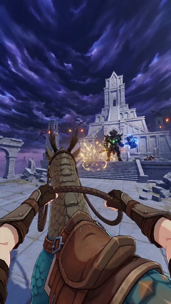 Ultra-high-definition 8K cinematic masterpiece, first-person (POV) battle at the Ziggurat of Va…
