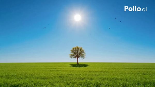 0-3 sec: A calm field at midday. Blue sky overhead. The sun sits high. A tree casts a short sha…