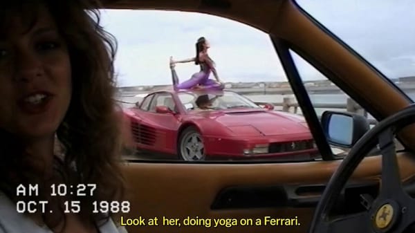 Super amateurish bad video footage of a woman filming another woman doing yoga on a 1980s Ferrari F… prompt example