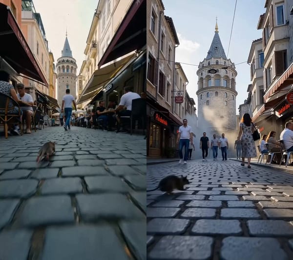 Bir kedinin POV bakış açısından istanbul’da galata kulesi önündeki sokakta bir fareyi kovalamas…
