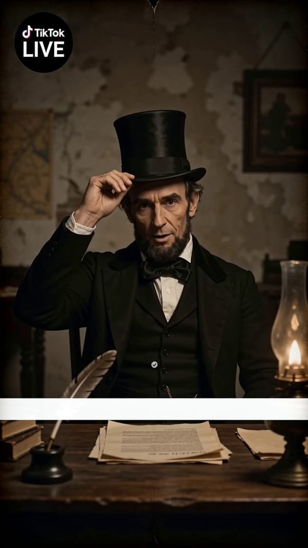 Create a 15-second vertical short video in 9:16 format, continuing the same visual world: Abraham L… prompt example