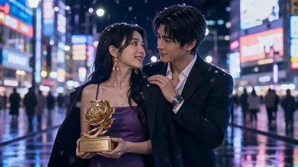 A cinematic, anime-inspired romantic sequence set in a neon-lit city at night during light snowfall… prompt example