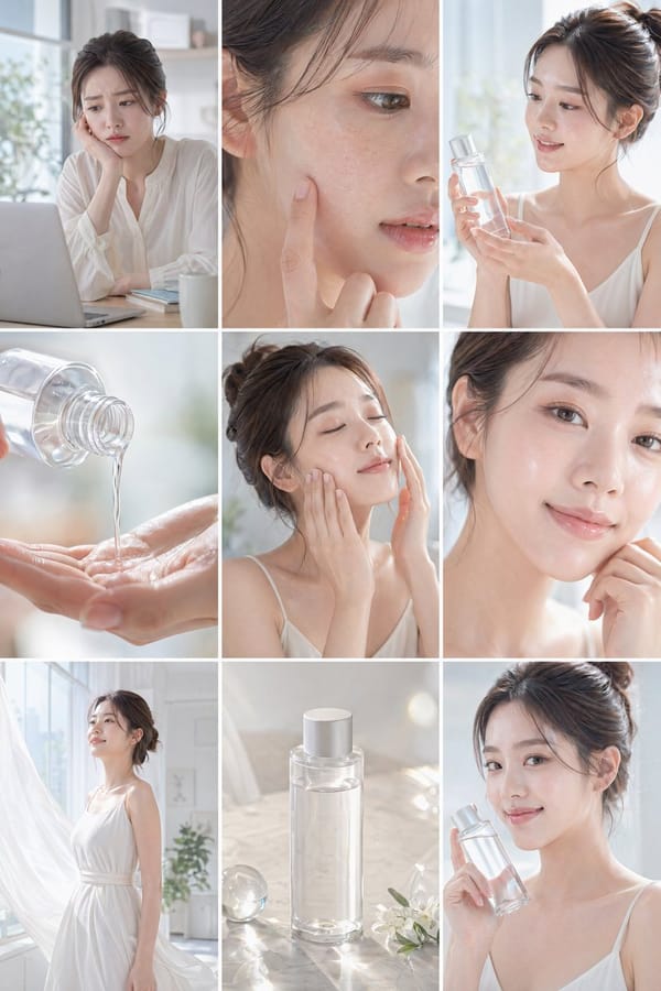 Create a clean, bright skincare commercial storyboard in a 16:9 layout with 9 panels. Use soft natu… prompt example