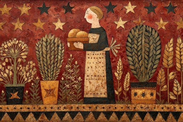 A naive folk art painting of [subject], surrounded by symbolic plants, stars, and decorative border… prompt example