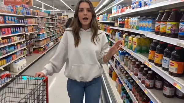 A realistic young woman casually grocery shopping inside a well-lit supermarket during early evenin… prompt example