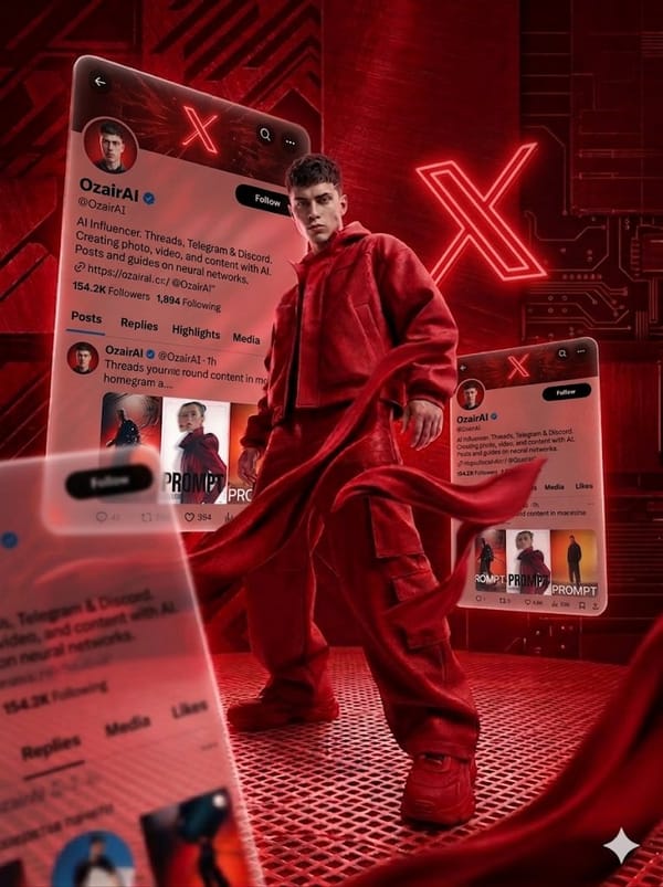 a verified blue checkmark, profile bio text about AI influencing, and a feed of posts showing prompt example