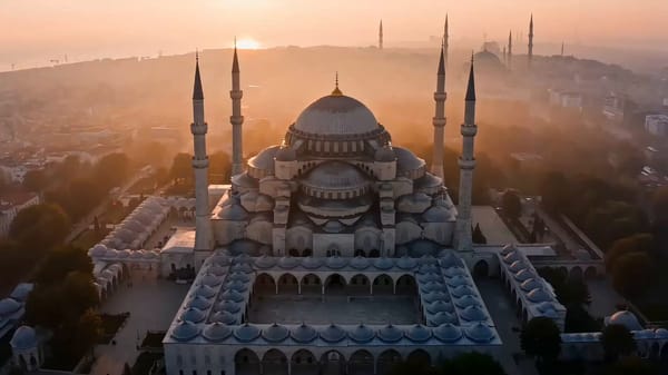Cinematic 15-second historical landmark tour of the Blue Mosque in Istanbul at sunrise composed of… prompt example