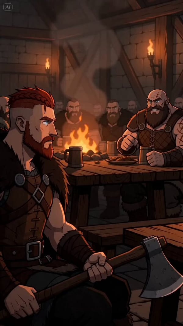 10-second vertical video. a young anime semi-realistic Viking warrior, short unbraided red bear…