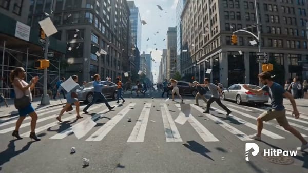 A POV shot on a busy city street where everything is frozen mid-air. The subject moves through…