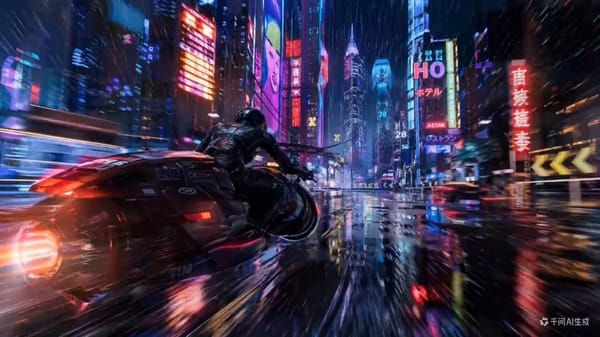 严格保持原图的赛博朋克漫画风格、人物、车辆和场景不变。 摩托车高速行驶，车轮溅起水花；周围的霓虹灯牌闪烁变化。 远处有飞行器飞过；雨水持续落在镜头上，形成水滴效果。 镜头全程跟随摩托车，保持…