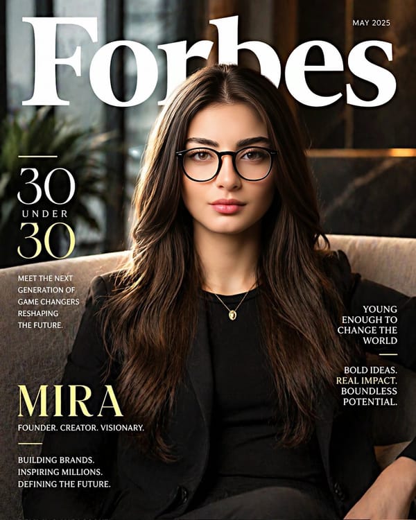 Create a hyper-realistic Forbes “30 Under 30” magazine-style portrait of the same woman from the re… prompt example