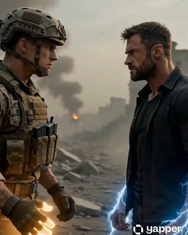 Scene: Destroyed urban warzone, broken buildings, smoke, debris, dusty air. Subject: - Army sol…
