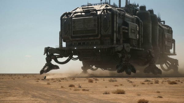 Ultra-realistic desert horizon. A gigantic industrial factory moving on mechanical legs crosses…