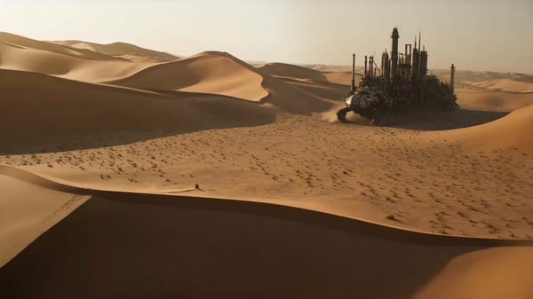 15 seconds, 16:9, ultra-realistic cinematic. Vast desert wasteland at golden hour, massive indu…