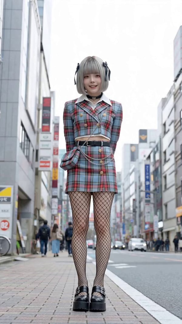 8K高精細の屋外、ローアングルからの引きの構図で可愛らしくスキップする様子。12mm超広角レンズによる樽型歪みと誇張された遠近感、ダイナミックに歪む街並みを背景にカメラに顔を近づける。ドロー…