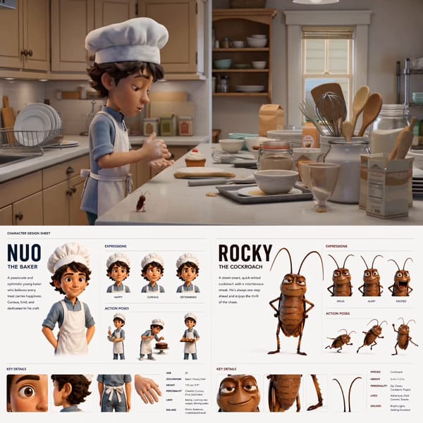 A professional 3D character design sheet displays two distinct protagonists, a human baker and…