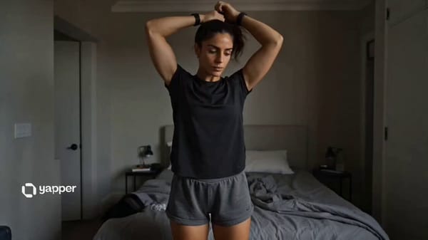 CONCEPT: Get Ready With Me — Gym (Performance Mode) TIMELINE: 0 :00–0:04 Wake up, tie hair loosely… prompt example