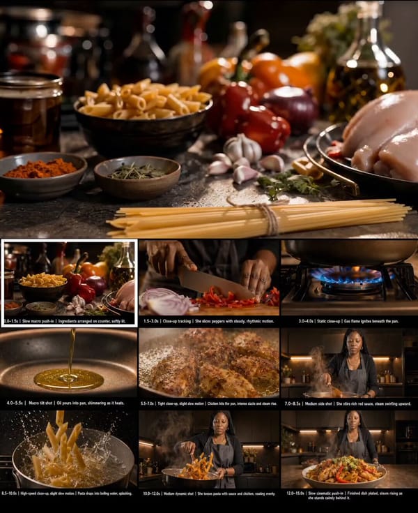 Generate a cinematic, photorealistic 3D cooking video (15 seconds total) based on a 9-shot cont…
