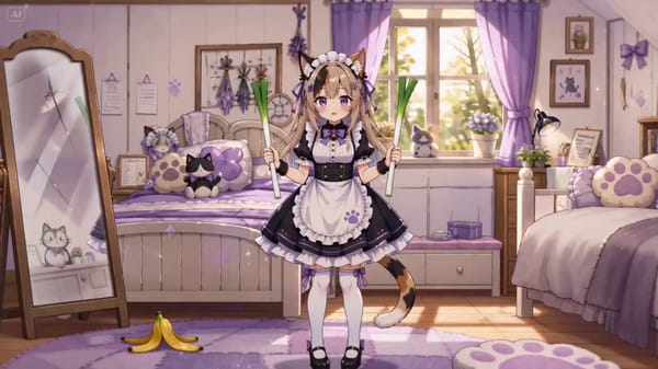 猫耳のヒロイン・ミアが大好きなご主人様のために、萌えなネギダンスを練習するというキャラプロモPVを10秒程度で作りたい。A rollは、ミアのイメージの中でキマっているネギダンスしているカッ…