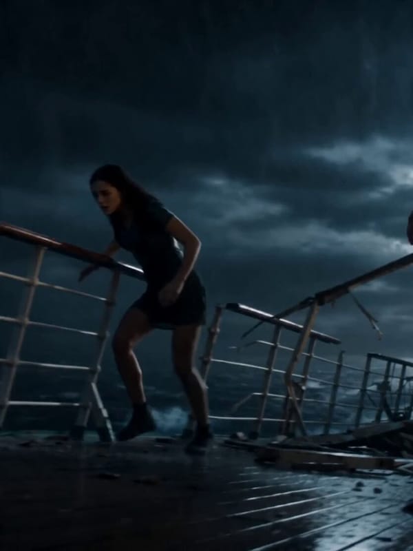 A hyper-real fast paced action sequence set on a storm-tossed sea at night. Heavy rain, lightni…