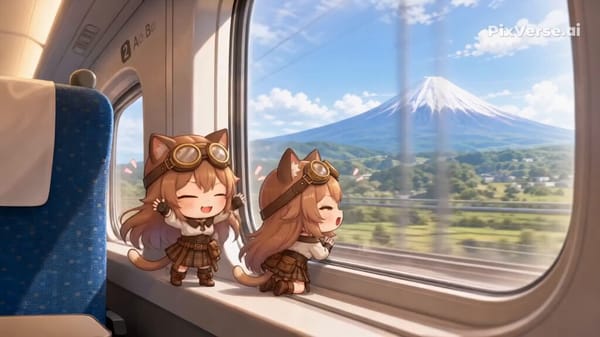 時速200kmで走行中の新幹線の車窓に、猫耳ゴーグルの「ちびキャラ」がいる。彼女たち２人は、外の景色を見て、楽しそうにしている。左の席に座っている白いパーカーを着た女性がお弁当を食べ始めると…