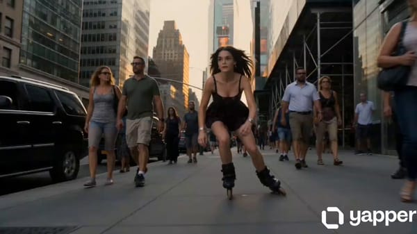 A fearless young woman roller skating at high speed through a crowded New York City street, wea…