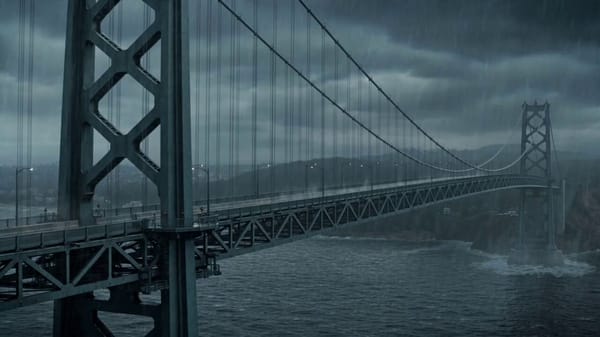 A motorcyclist speeds across a massive suspension bridge during a violent storm. Lightning stri…