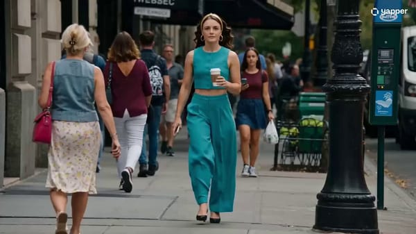 A busy city sidewalk, midday, bright and crowded. A well-dressed young woman in heels and a sha…