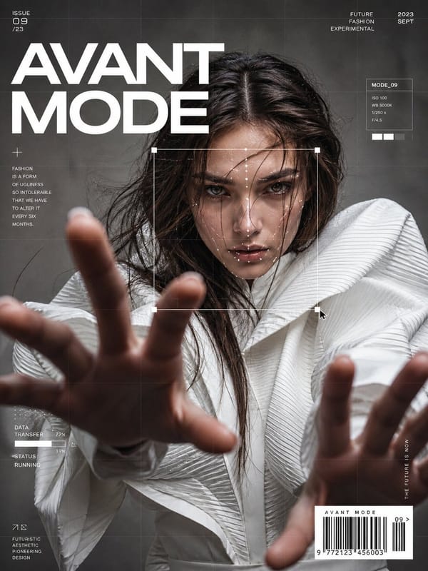 Ultra-realistic fashion editorial portrait of a confident woman in avant-garde white couture wi…