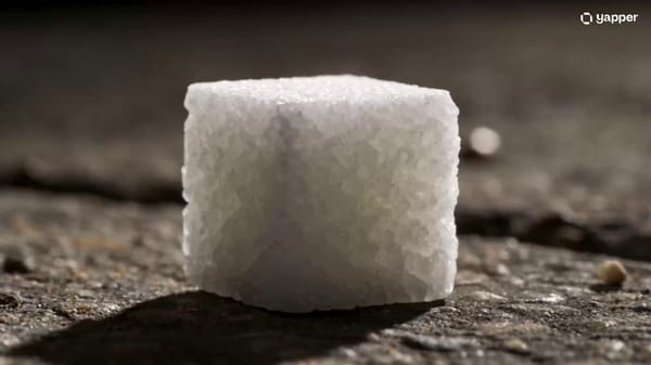 Extreme close-up on a single pristine white sugar cube sitting on a cracked concrete surface, c…