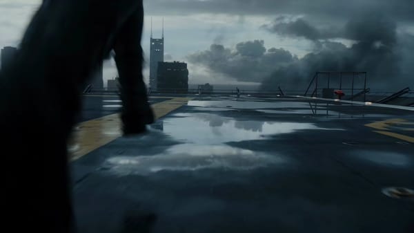Ultra-realistic rooftop airport on top of a ruined megacity, storm clouds below the skyscrapers…