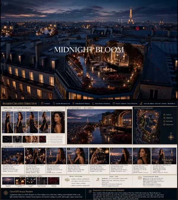 Slow cinematic dolly and glide shots across a Paris rooftop at blue hour. Follow the woman in a…