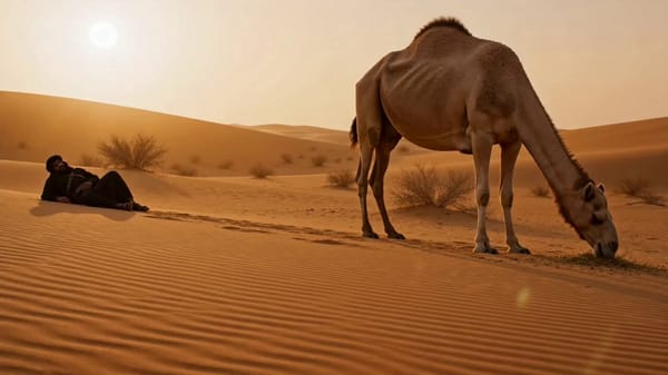 SUBJECTS: A tribal Arabic herder man wearing traditional warrior clothing without a keffiyeh, a…
