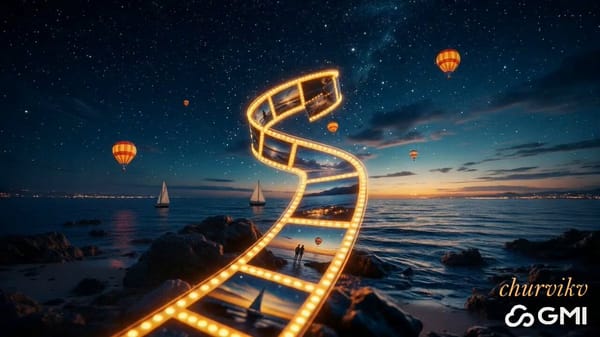 cinematic romantic sequence featuring a glowing film strip telling a love story at night over t…