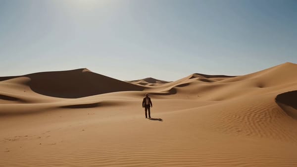 Scene 1 Action: A lone traveler walks through a desert as their silhouette and the sand dunes b…