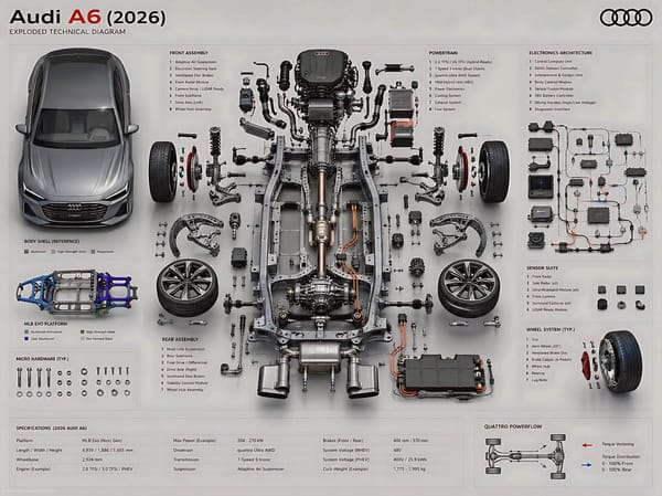 Create an ultra-high fidelity exploded technical diagram of a 2026 Audi A6, presented as a premium… prompt example