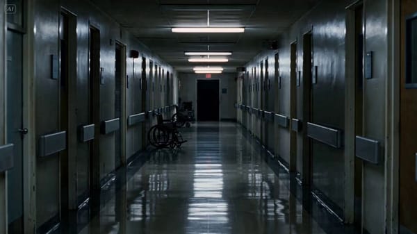 Cinematic horror scene, abandoned hospital at night, cold fluorescent lighting, wet reflective…
