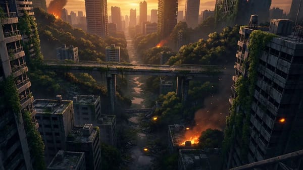 “Cinematic dark isekai opening. Wolf stands alone on crumbling overpass at golden hour, back to…