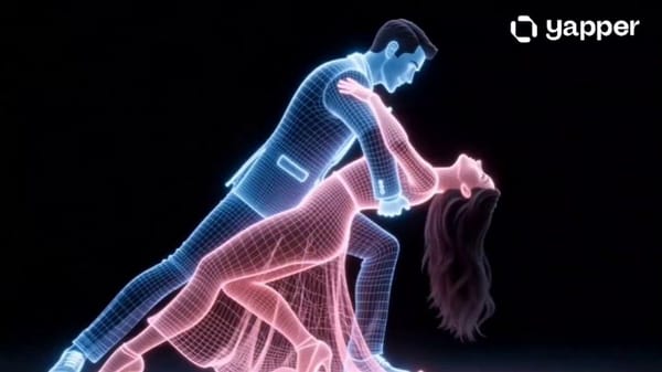 A cinematic 3D render of a couple dancing gracefully, depicted as glowing wireframe holograms. The… prompt example