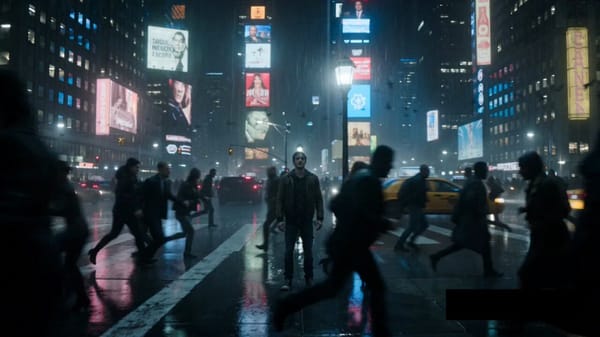 A dramatic single-take cinematic shot in a massive futuristic city at night. Neon signs glow, r…