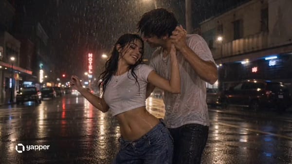 Use the provided image as visual reference. CONCEPT: Romantic Rain Dance — Intimate, cinematic…