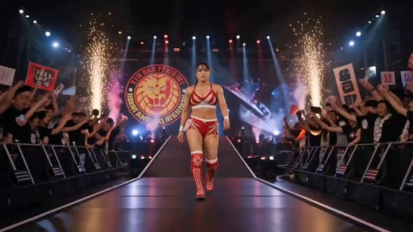 Hyper-realistic cinematic 22s continuous shot of a New Japan Pro-Wrestling women’s championship…